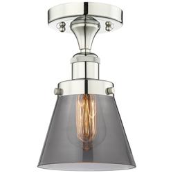 Cone 6.25&quot;W Polished Nickel Semi.Flush Mount With Plated Smoke Glass S