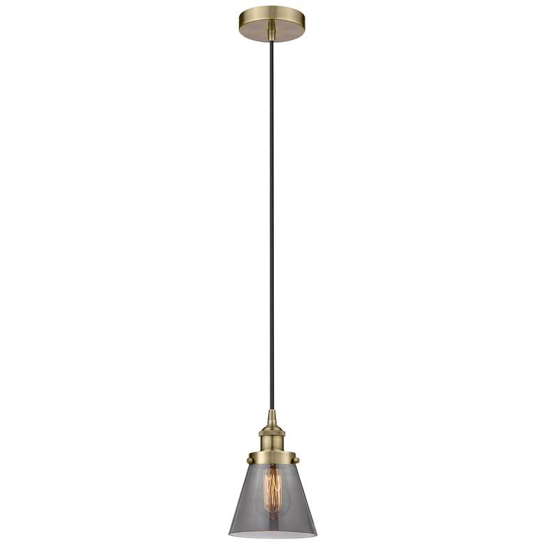 Image 1 Cone 6" Antique Brass Mini Pendant w/ Plated Smoke Shade