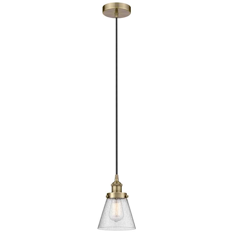 Image 1 Cone 6" Antique Brass Mini Pendant w/ Seedy Shade