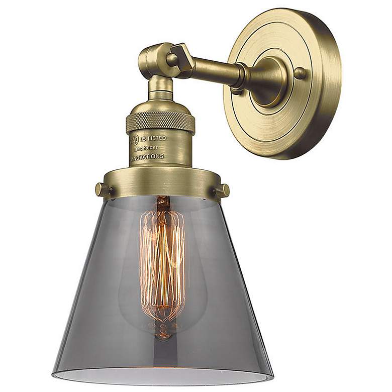 Image 1 Cone 6" Antique Brass Sconce w/ Plated Smoke Shade