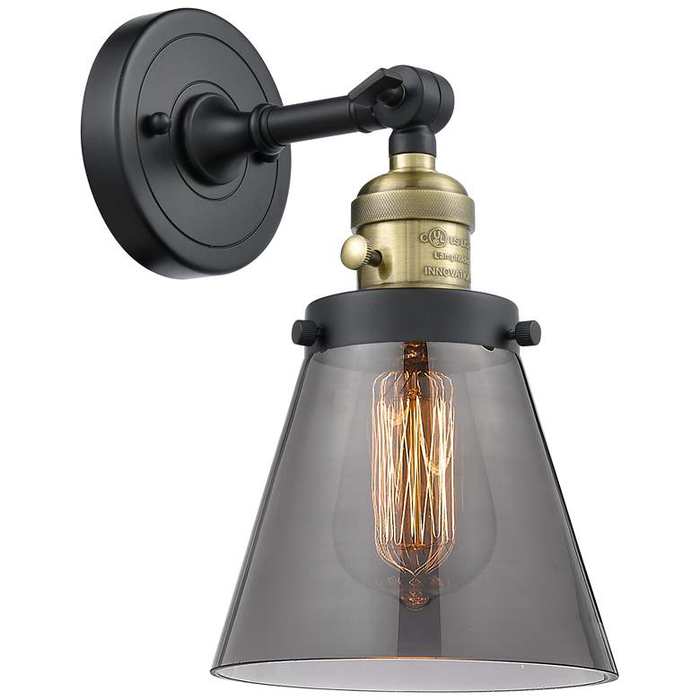 Image 1 Cone 6" Black Antique Brass Sconce w/ Plated Smoke Shade