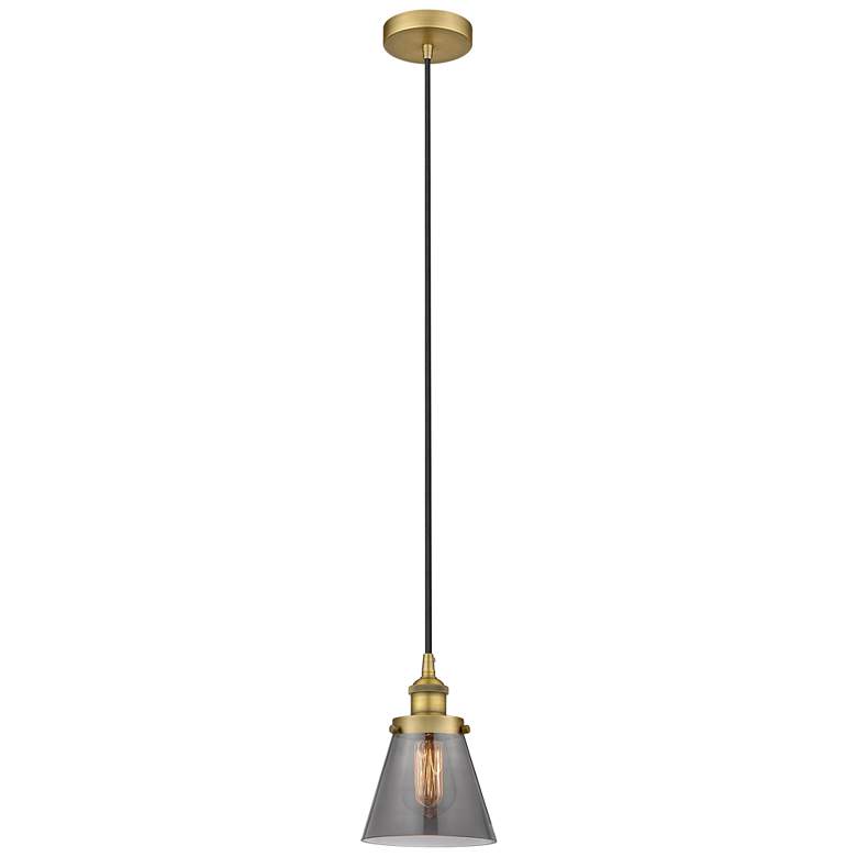Image 1 Cone 6" Brushed Brass Mini Pendant w/ Plated Smoke Shade