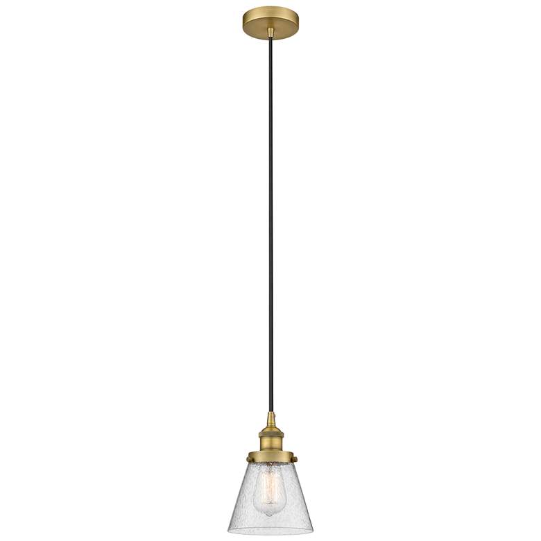Image 1 Cone 6" Brushed Brass Mini Pendant w/ Seedy Shade