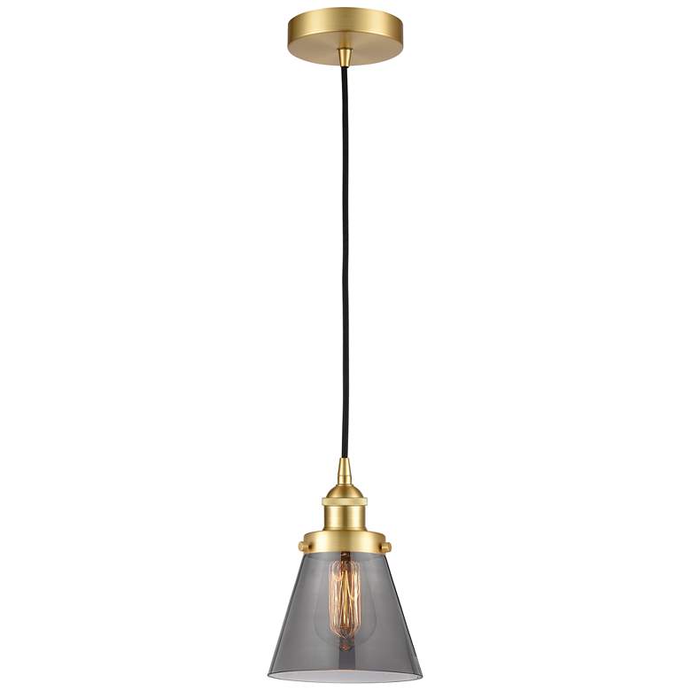 Image 1 Cone 6" Satin Gold Mini Pendant w/ Plated Smoke Shade