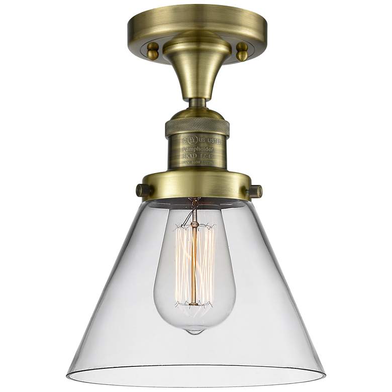 Image 1 Cone 7.75" Wide Antique Brass Semi Flush Mount w/ Clear Shade