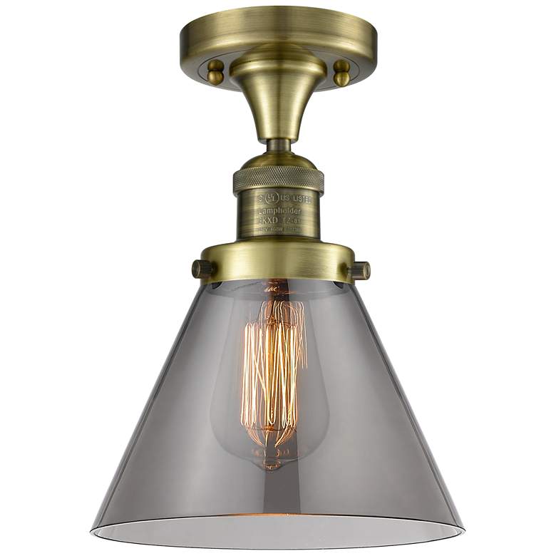 Image 1 Cone 7.75" Wide Antique Brass Semi Flush Mount w/ Plated Smoke Shade