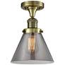 Cone 7.75" Wide Antique Brass Semi Flush Mount w/ Plated Smoke Shade