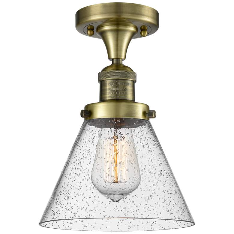 Image 1 Cone 7.75" Wide Antique Brass Semi Flush Mount w/ Seedy Shade