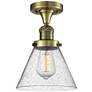 Cone 7.75" Wide Antique Brass Semi Flush Mount w/ Seedy Shade