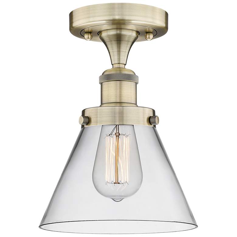 Image 1 Cone 7.75" Wide Antique Brass Semi.Flush Mount With Clear Glass Shade