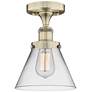 Cone 7.75" Wide Antique Brass Semi.Flush Mount With Clear Glass Shade