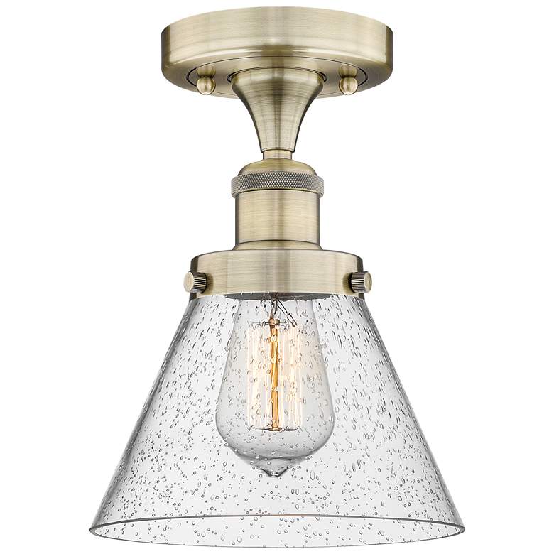 Image 1 Cone 7.75" Wide Antique Brass Semi.Flush Mount With Seedy Glass Shade