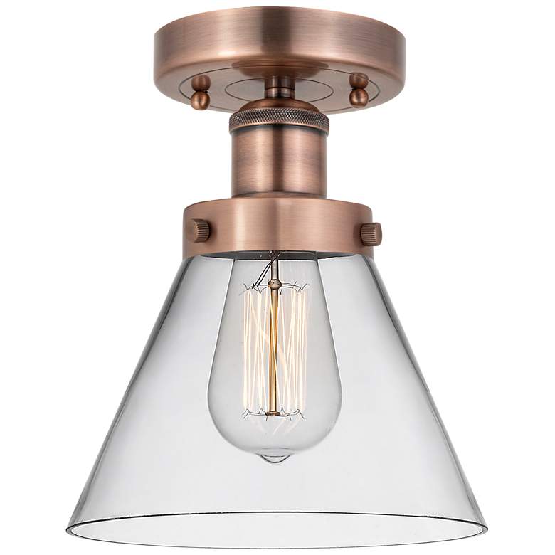 Image 1 Cone 7.75" Wide Antique Copper Semi.Flush Mount With Clear Glass Shade