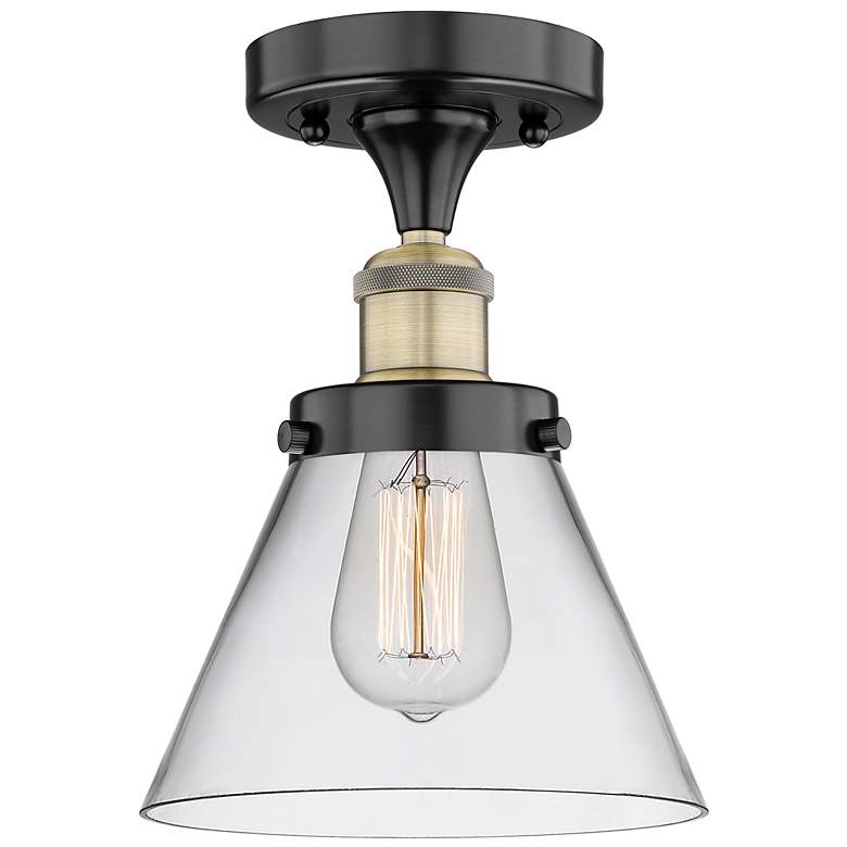Image 1 Cone 7.75" Wide Black Antique Brass Semi.Flush Mount With Clear Glass