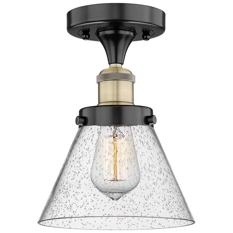 Image 1 Cone 7.75" Wide Black Antique Brass Semi.Flush Mount With Seedy Glass