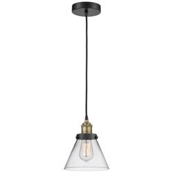 Cone 7.75&quot; Wide Black Brass Corded Mini Pendant With Clear Shade