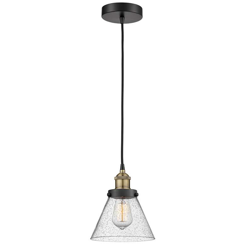 Image 1 Cone 7.75" Wide Black Brass Corded Mini Pendant With Seedy Shade