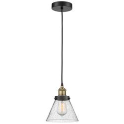 Cone 7.75&quot; Wide Black Brass Corded Mini Pendant With Seedy Shade
