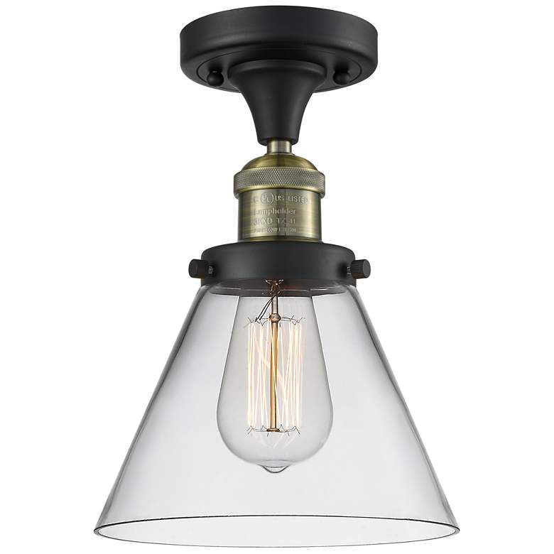 Image 1 Cone 7.75" Wide Black Brass Semi Flush Mount w/ Clear Shade