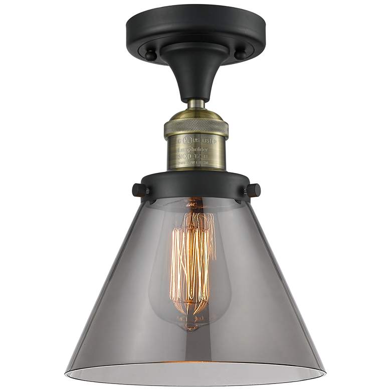 Image 1 Cone 7.75" Wide Black Brass Semi Flush Mount w/ Plated Smoke Shade
