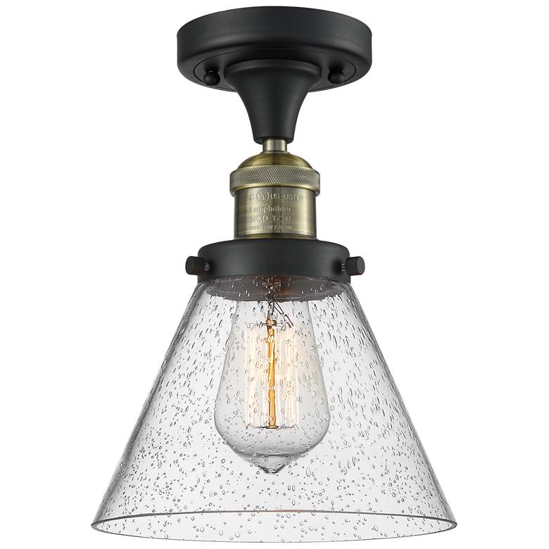 Image 1 Cone 7.75" Wide Black Brass Semi Flush Mount w/ Seedy Shade