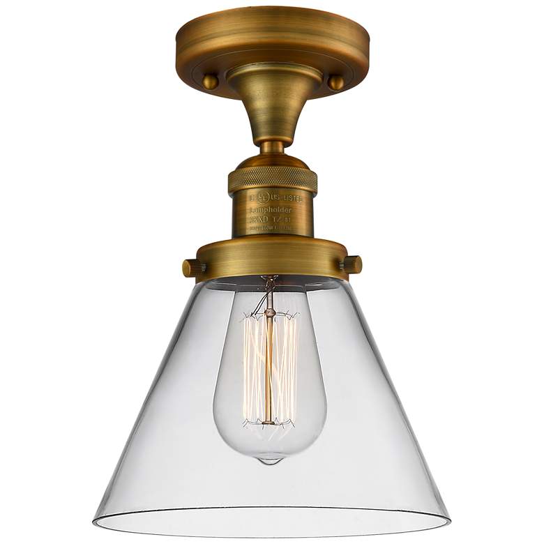 Image 1 Cone 7.75" Wide Brushed Brass Semi Flush Mount w/ Clear Shade
