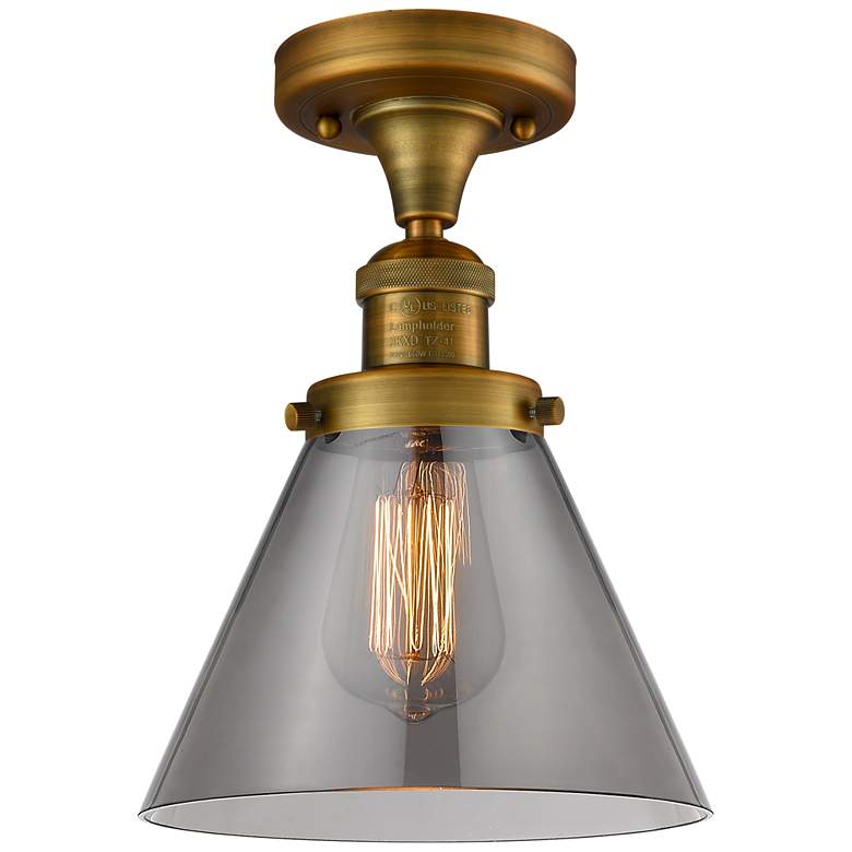 Image 1 Cone 7.75" Wide Brushed Brass Semi Flush Mount w/ Plated Smoke Shade