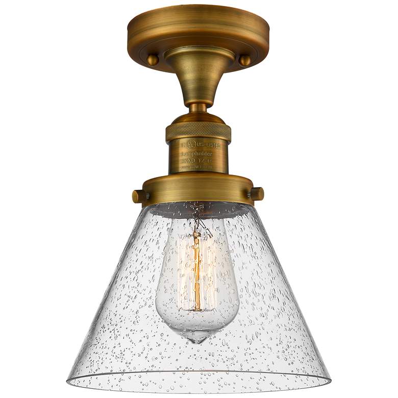 Image 1 Cone 7.75" Wide Brushed Brass Semi Flush Mount w/ Seedy Shade