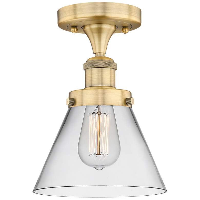 Image 1 Cone 7.75 inch Wide Brushed Brass Semi.Flush Mount With Clear Glass Shade