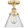 Cone 7.75" Wide Brushed Brass Semi.Flush Mount With Seedy Glass Shade