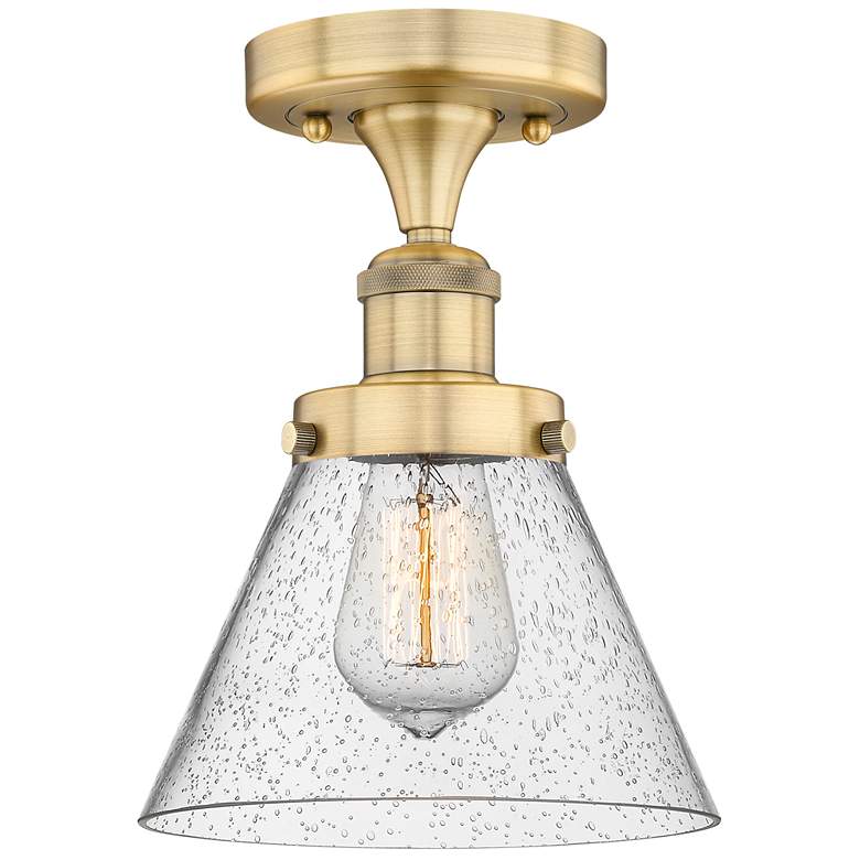 Image 1 Cone 7.75" Wide Brushed Brass Semi.Flush Mount With Seedy Glass Shade