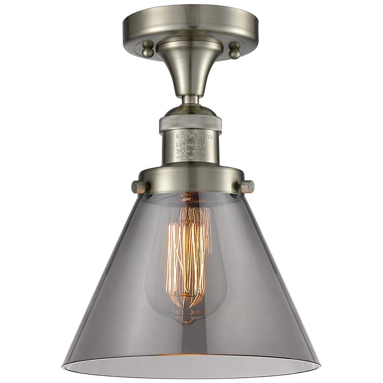 Image 1 Cone 7.75" Wide Brushed Satin Nickel Semi Flush Mount w/ Plated Smoke