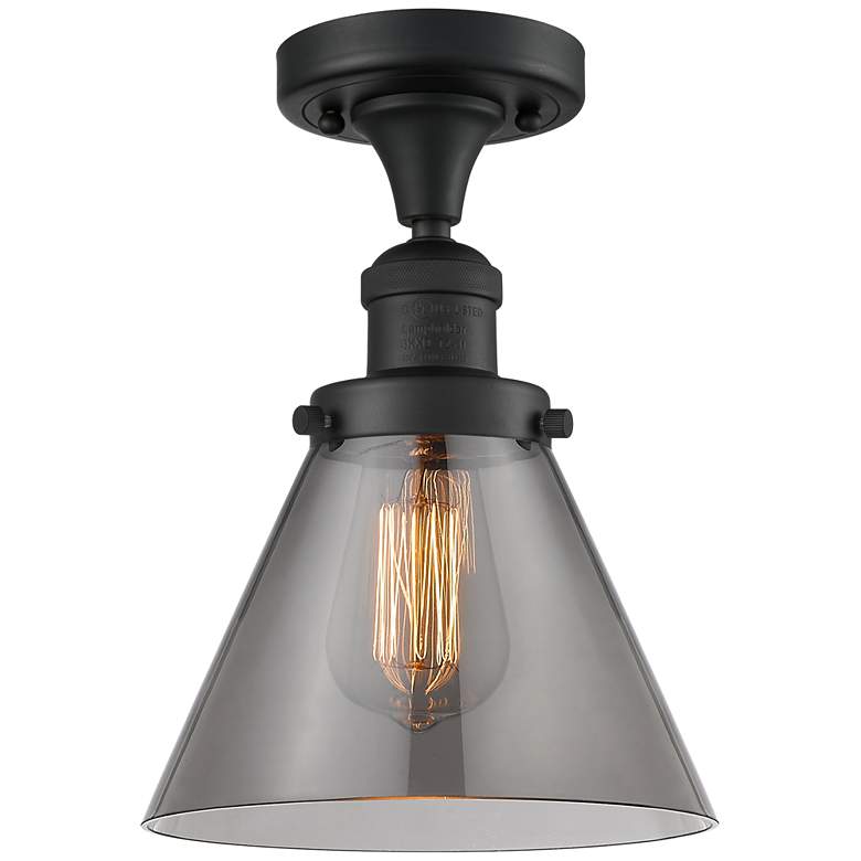 Image 1 Cone 7.75" Wide Matte Black Semi Flush Mount w/ Plated Smoke Shade