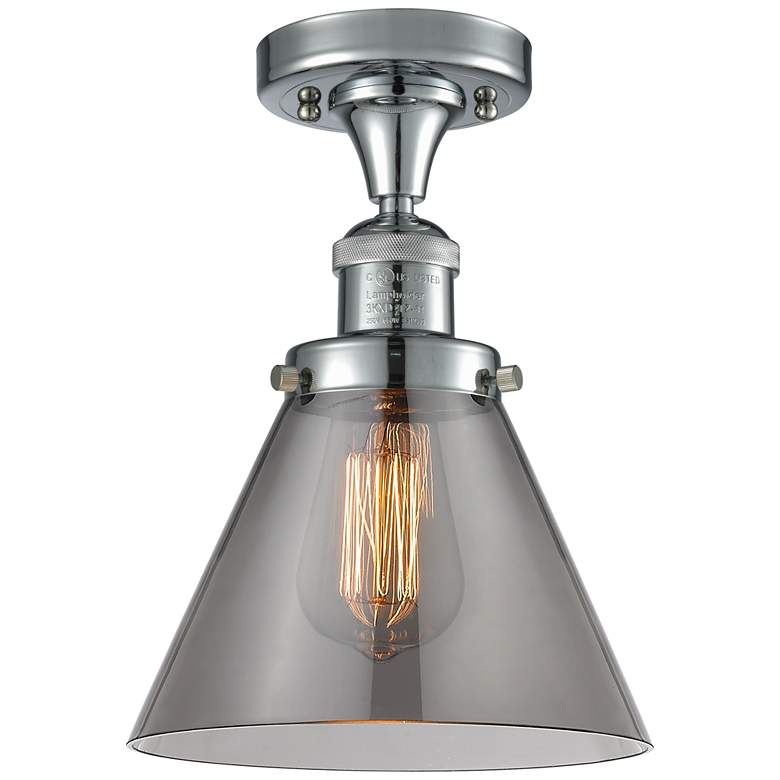 Image 1 Cone 7.75" Wide Polished Chrome Semi Flush Mount w/ Plated Smoke Shade