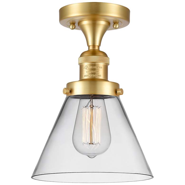 Image 1 Cone 7.75" Wide Satin Gold Semi Flush Mount w/ Clear Shade