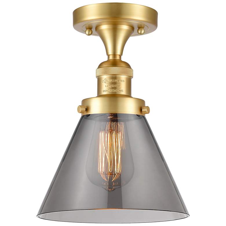 Image 1 Cone 7.75" Wide Satin Gold Semi Flush Mount w/ Plated Smoke Shade