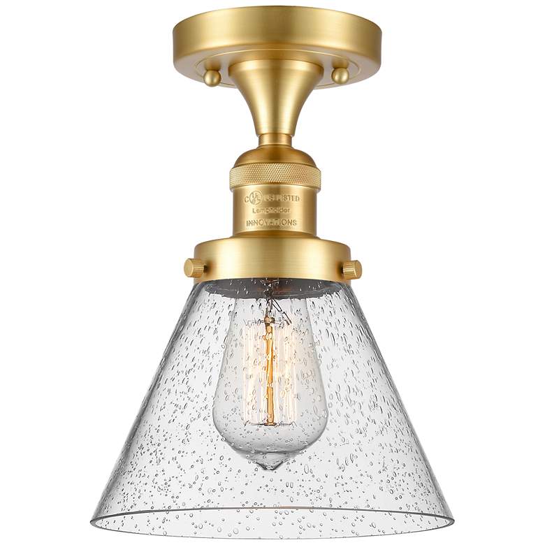 Image 1 Cone 7.75" Wide Satin Gold Semi Flush Mount w/ Seedy Shade