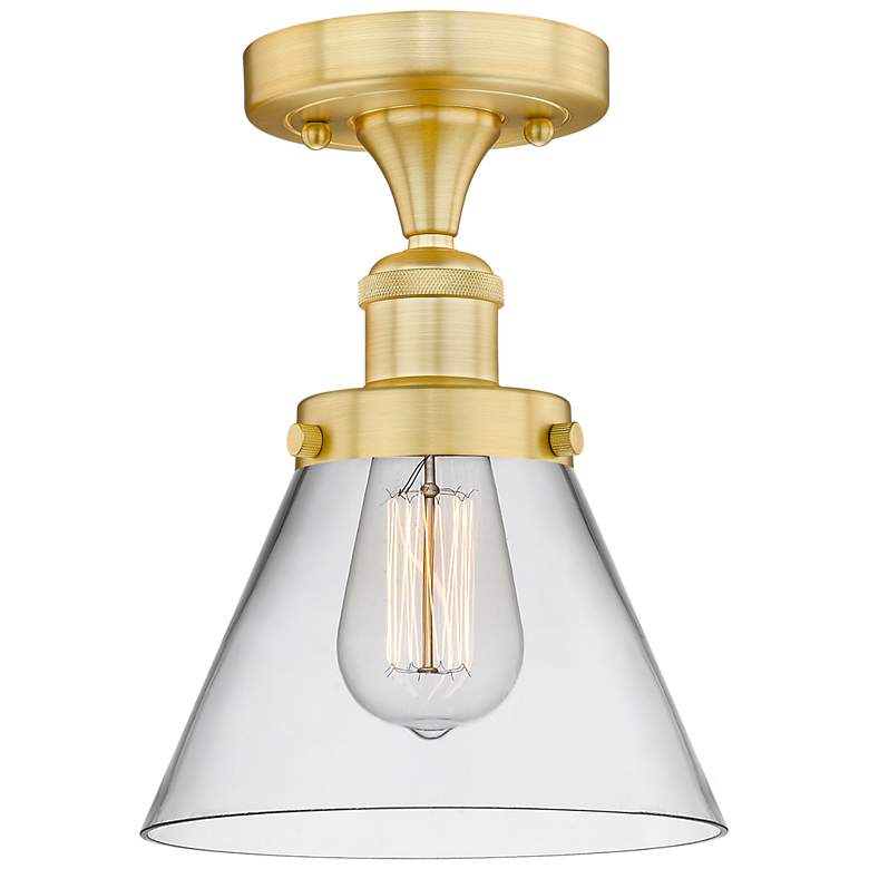 Image 1 Cone 7.75 inch Wide Satin Gold Semi.Flush Mount With Clear Glass Shade