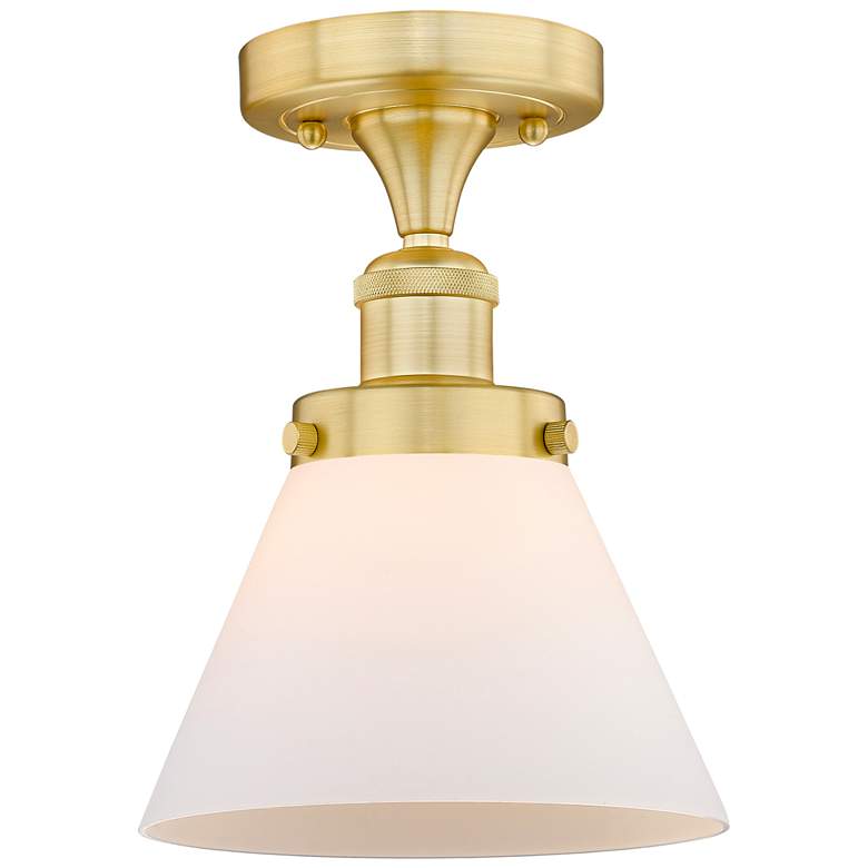 Image 1 Cone 7.75" Wide Satin Gold Semi.Flush Mount With Matte White Glass Sha