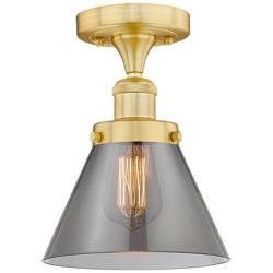 Cone 7.75&quot; Wide Satin Gold Semi.Flush Mount With Plated Smoke Glass Sh