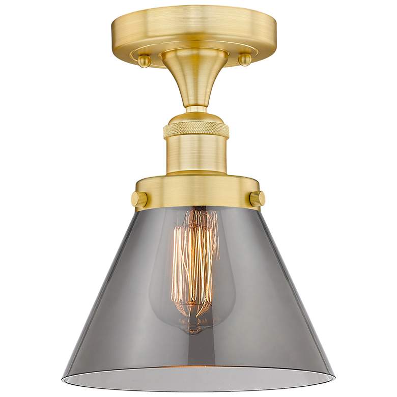 Image 1 Cone 7.75" Wide Satin Gold Semi.Flush Mount With Plated Smoke Glass Sh