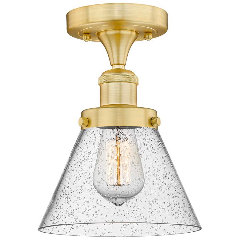 Image 1 Cone 7.75 inch Wide Satin Gold Semi.Flush Mount With Seedy Glass Shade