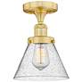 Cone 7.75" Wide Satin Gold Semi.Flush Mount With Seedy Glass Shade