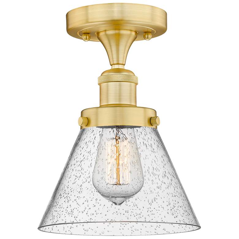 Image 1 Cone 7.75" Wide Satin Gold Semi.Flush Mount With Seedy Glass Shade