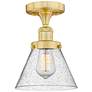 Cone 7.75" Wide Satin Gold Semi.Flush Mount With Seedy Glass Shade