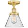 Cone 7.75" Wide Satin Gold Semi.Flush Mount With Seedy Glass Shade