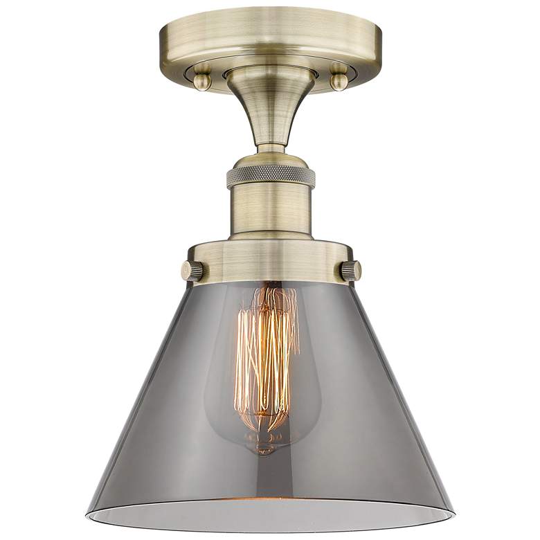 Image 1 Cone 7.75"W Antique Brass Semi.Flush Mount With Plated Smoke Glass Sha