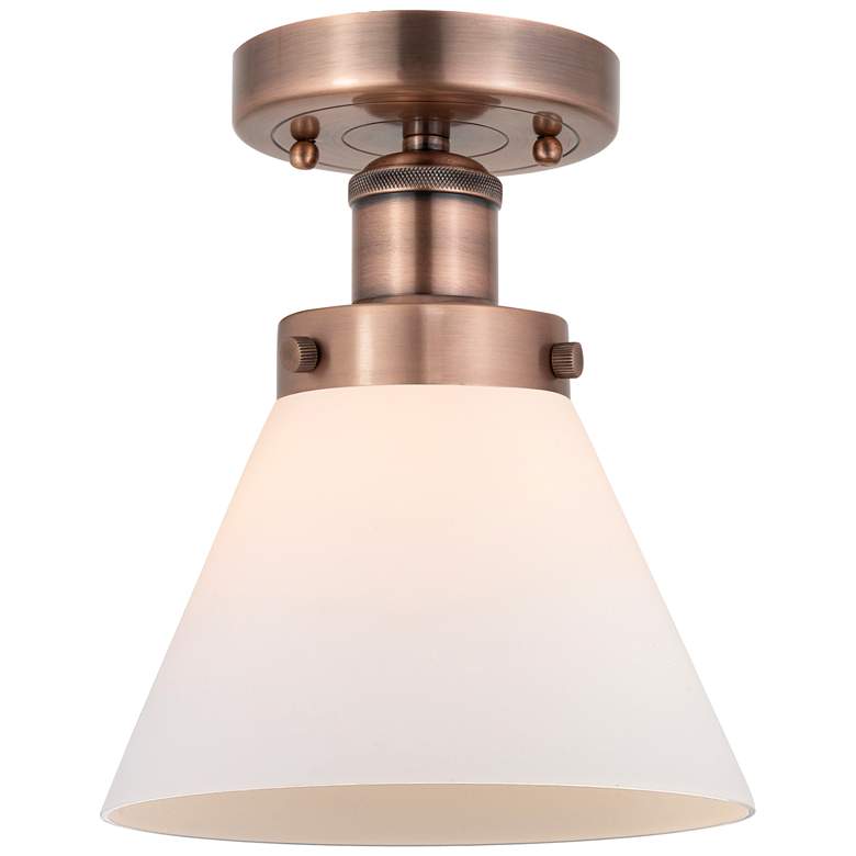 Image 1 Cone 7.75"W Antique Copper Semi.Flush Mount With Matte White Glass Sha