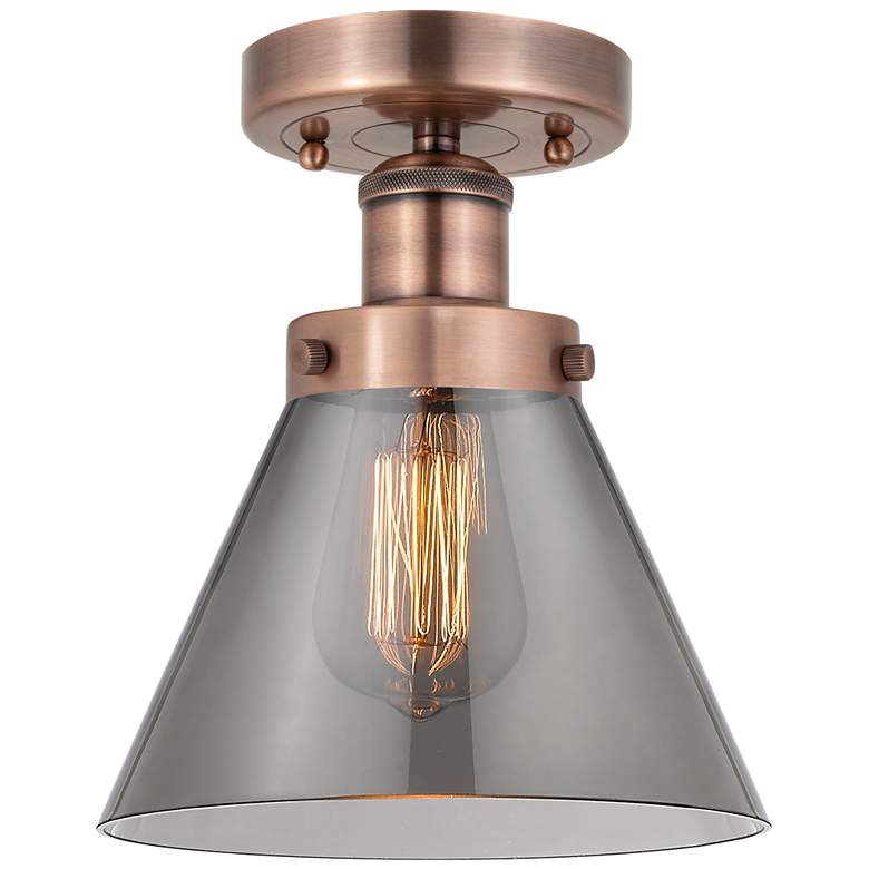Image 1 Cone 7.75"W Antique Copper Semi.Flush Mount With Plated Smoke Glass Sh