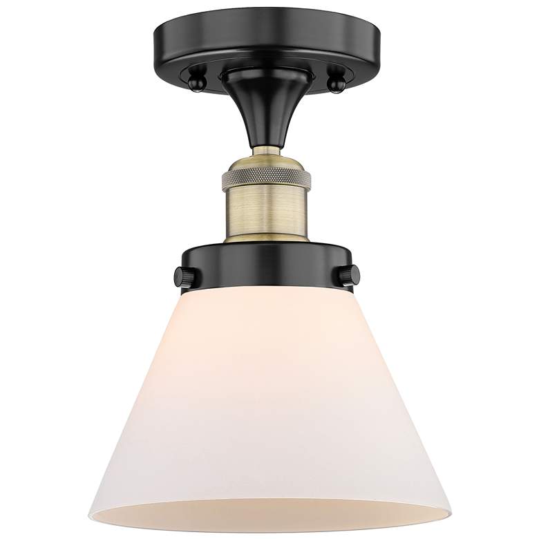 Image 1 Cone 7.75"W Black Antique Brass Semi.Flush Mount w/ Matte White Glass